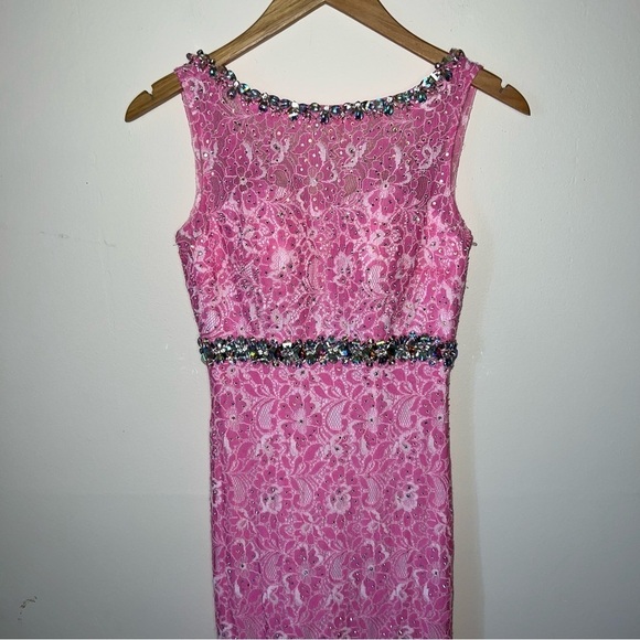 Vienna Prom Pink w/Crystals Vienna 1034 Size 0 Long Lace Prom Dress Pageant Gown - Picture 11 of 16